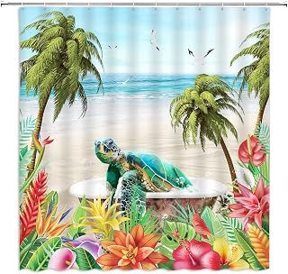 Sea Turtle Tropical Shower Curtain Beach Coastal Ocean Hawaii Nautical Exotic Floral Palm Tree Flower Marine Life Seagull Seaside Seascape Bathroom Curtain Set Polyester Fabric Hooks 70 X 70 Inch