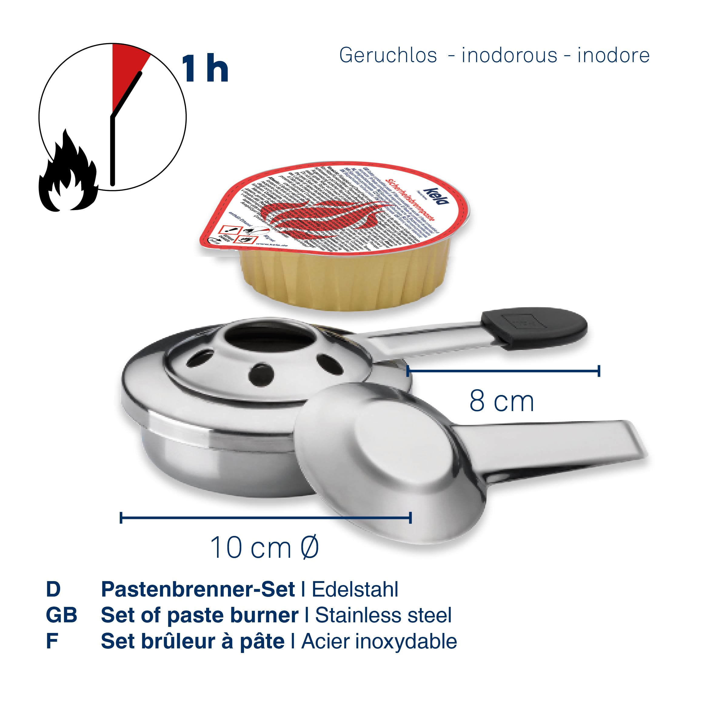 bruciatore per fonduta kela con pasta combustibile per fonduta, pinza da fuoco VESUV, contenitore per pasta combustibile in acciaio inox, 80 g di pasta combustibile etanolo per fonduta