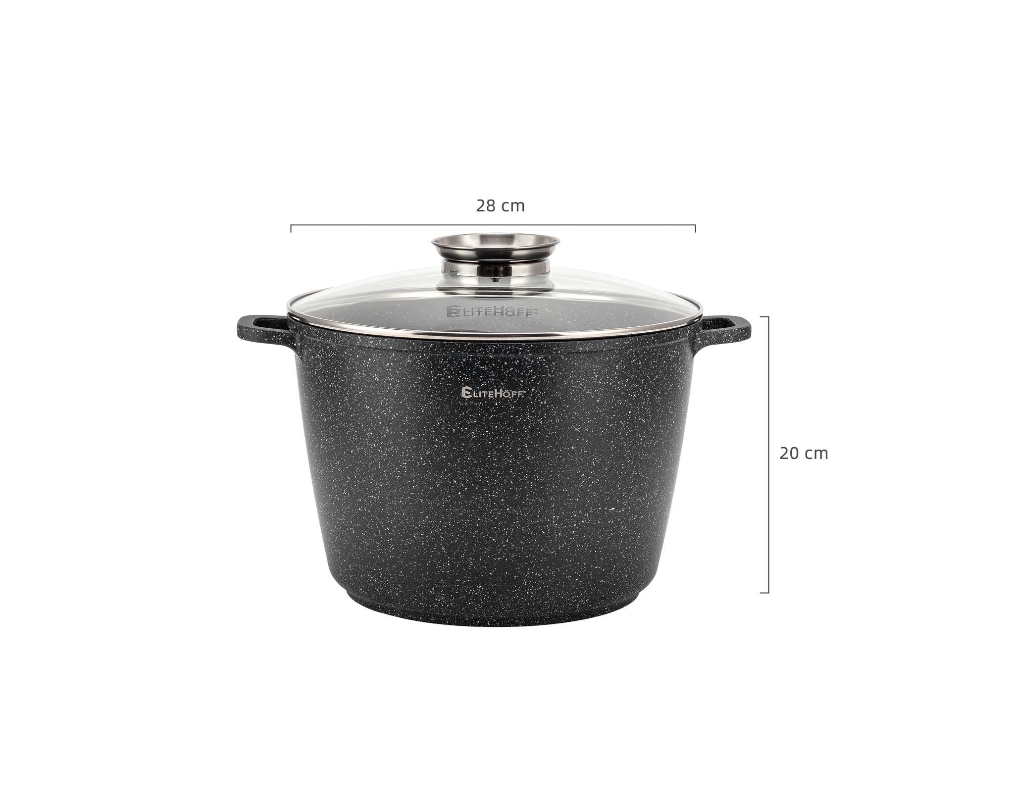 Olla de Cocina Antiadherente EliteHoff con Tapa, Olla de Aluminio para Sopa, Gran Olla de Mármol para Inducción, Olla de Inducción para Todo Tipo de Cocinas (Negro, 10L Ø 28cm)