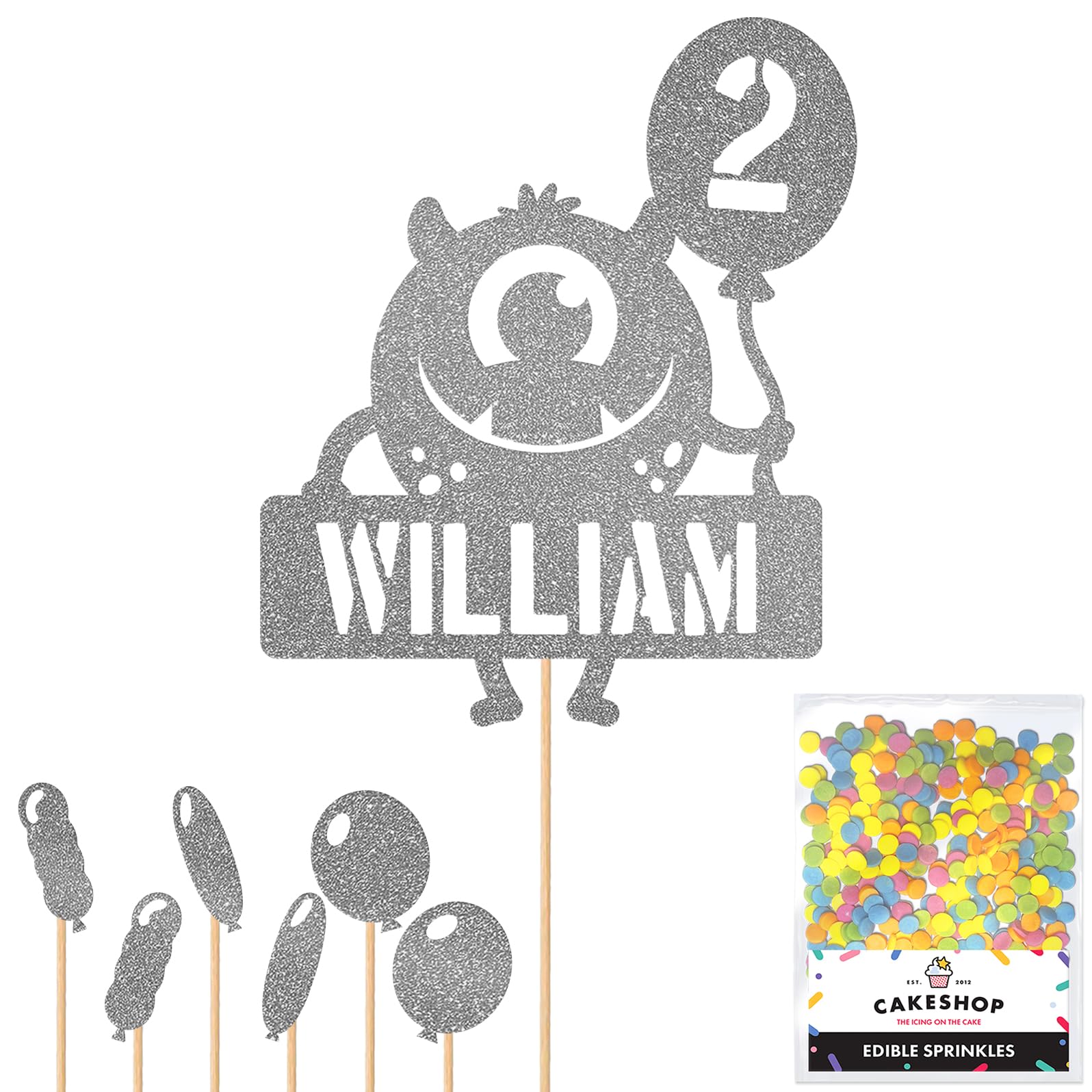 Personalised Birthday Monster Alien Glitter Cake Topper Dk Silver Any Custom Age & Name Glitter Cake Decoration and Sprinkles - Happy Birthday Decorations - Personalised Toppers for Cakes by Cakeshop — image 1