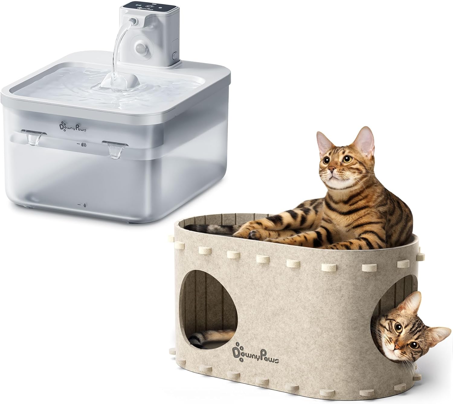 DownyPaws Battery Operated Cat Water Fountian White and Cat House for Indoor Cats Cream