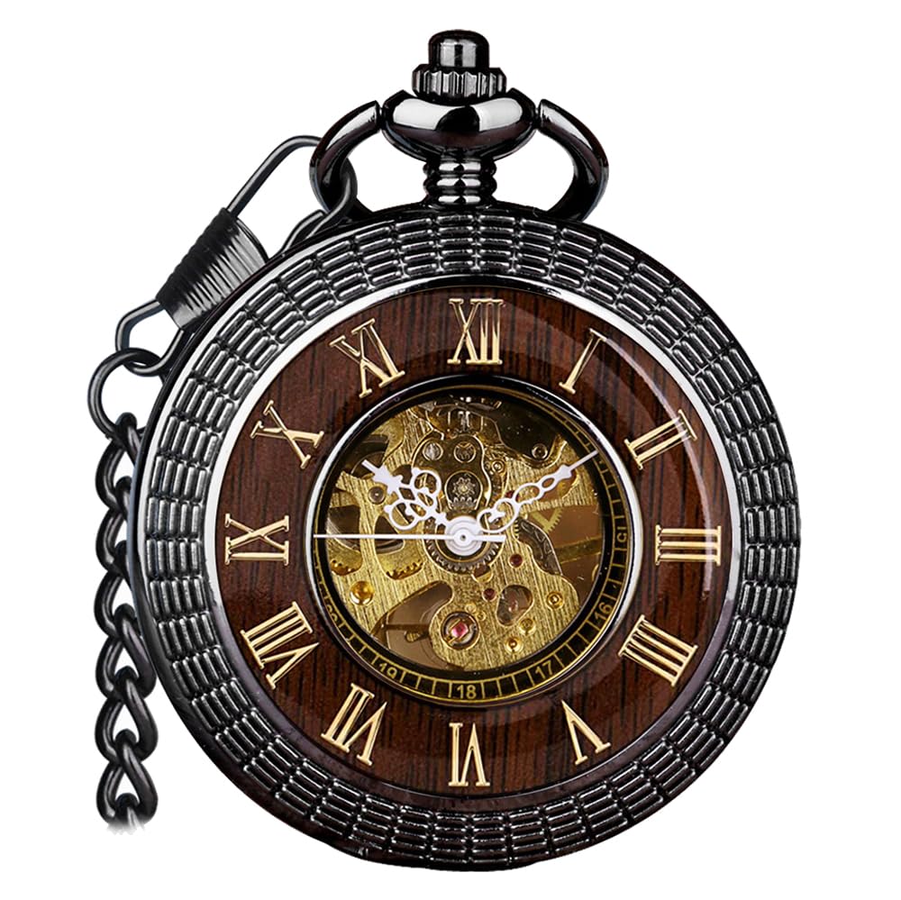 VIGOROSO Reloj de bolsillo mecánico para hombre, estilo vintage, steampunk, diseño hueco de grano de madera, con cadena y caja