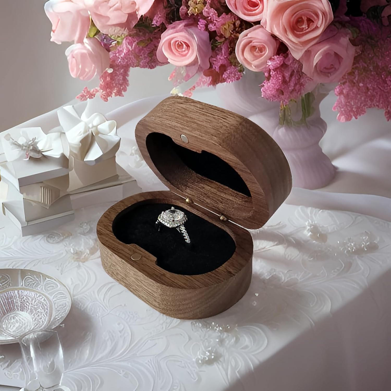 mens wood small ring case bearer holder single gift box 1 slot Proposal engagement ring box caja para anillo de compromiso rural retro ring earring gift box(Walnut swan velvet black lining) - Image 6