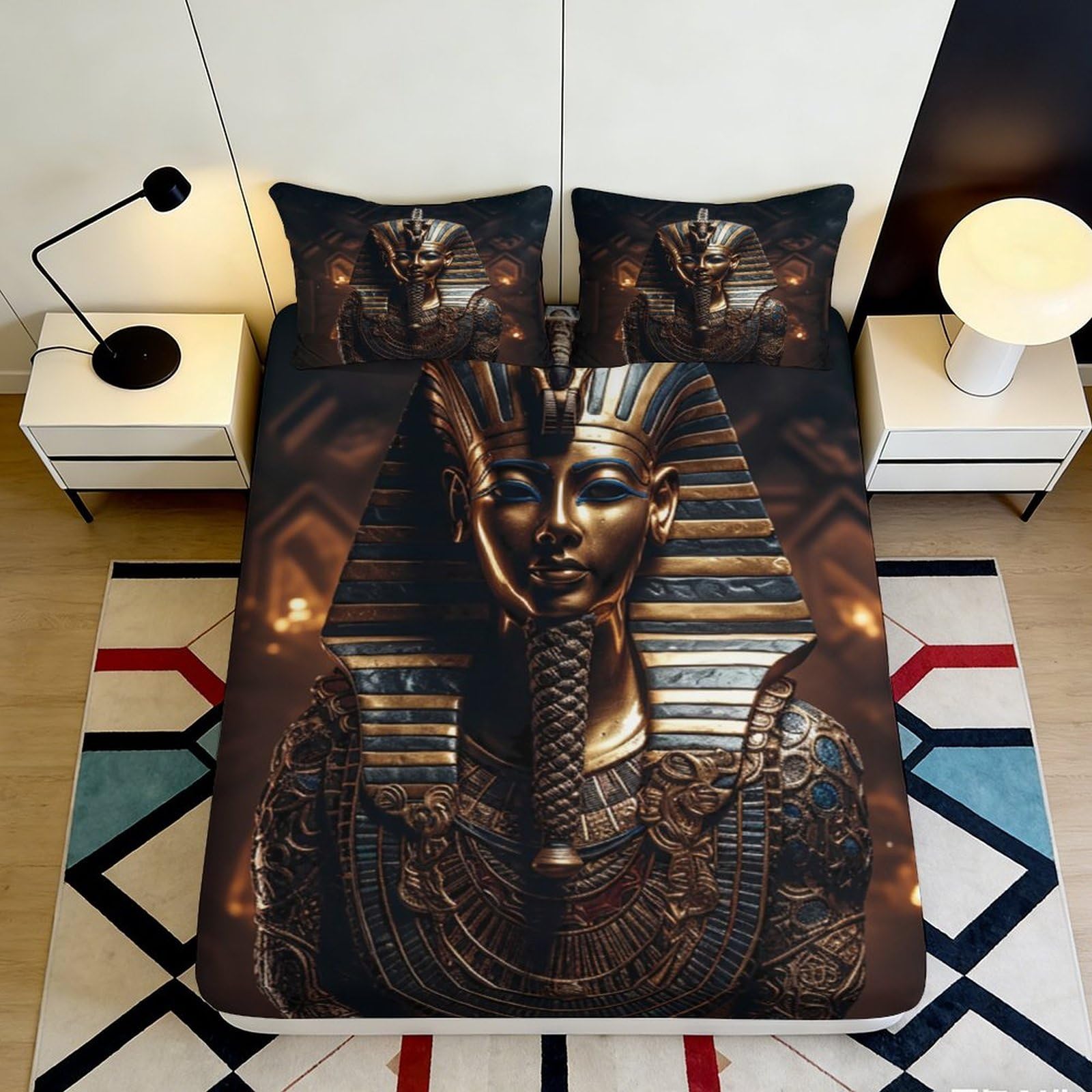 Pnayamiorkfel Style-7 3D Printed Egyptian Pharaoh Fitted Sheet Microfiber Soft Black Gold Ancient Mask Bed Cover For Bedroom Dorm Mattress Decor 90X200x25cm