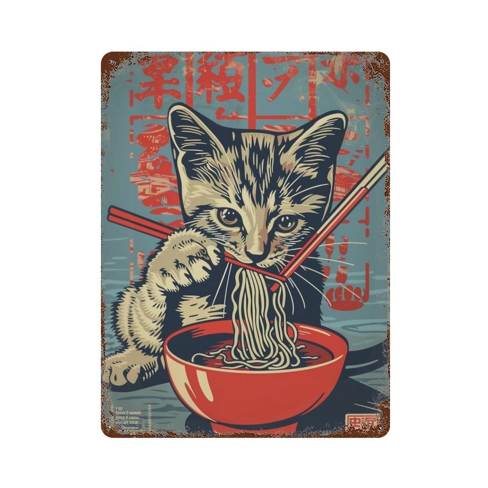 YHGERTKU Ramen Cat Woodblock 01 Wall Art Retro Iron Vintage Metal Tin Sign Poster Modern Decor for Living Rooms Gift 40x30cm