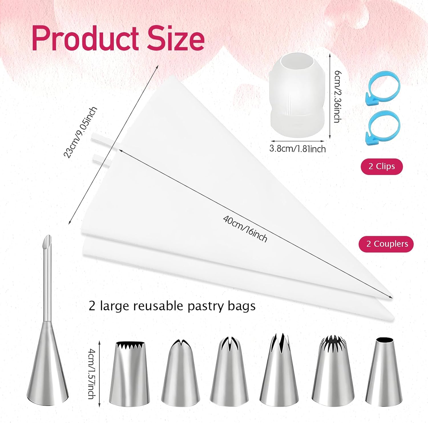 14pcs Reusable Piping Bags and Tips Set,16inch Cotton Baking Kit with Coupler,for Cake Decorating, Cupcakes, Cookies, Home Bakers, Chefs