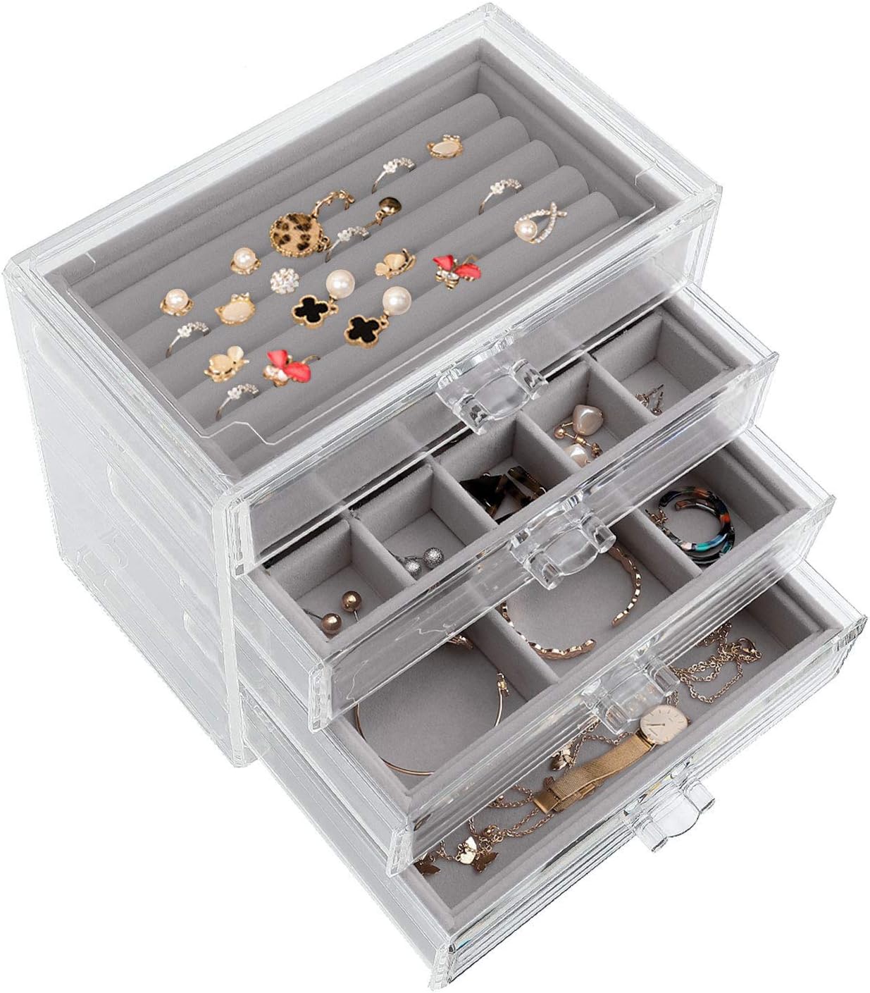 Ditucu Clear Acrylic Jewelry Box with 4 Drawers Removable Divided Jewelry Organizer For Earring Necklace Ring & Bracelet Clear and Rings Jewelry Display Storage For Women Grey