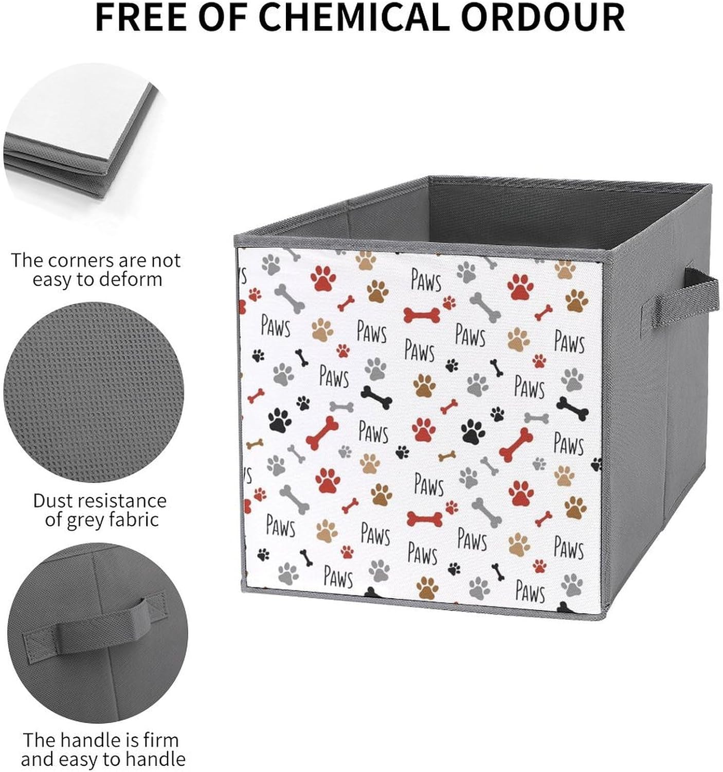 Foldable Storage Cube with Handles Dog Paw Bones Print, 10.6 Inch Collapsible Fabric Bin for Books, Clothes, Toys, Sturdy Organizer for Bedroom & Dorm