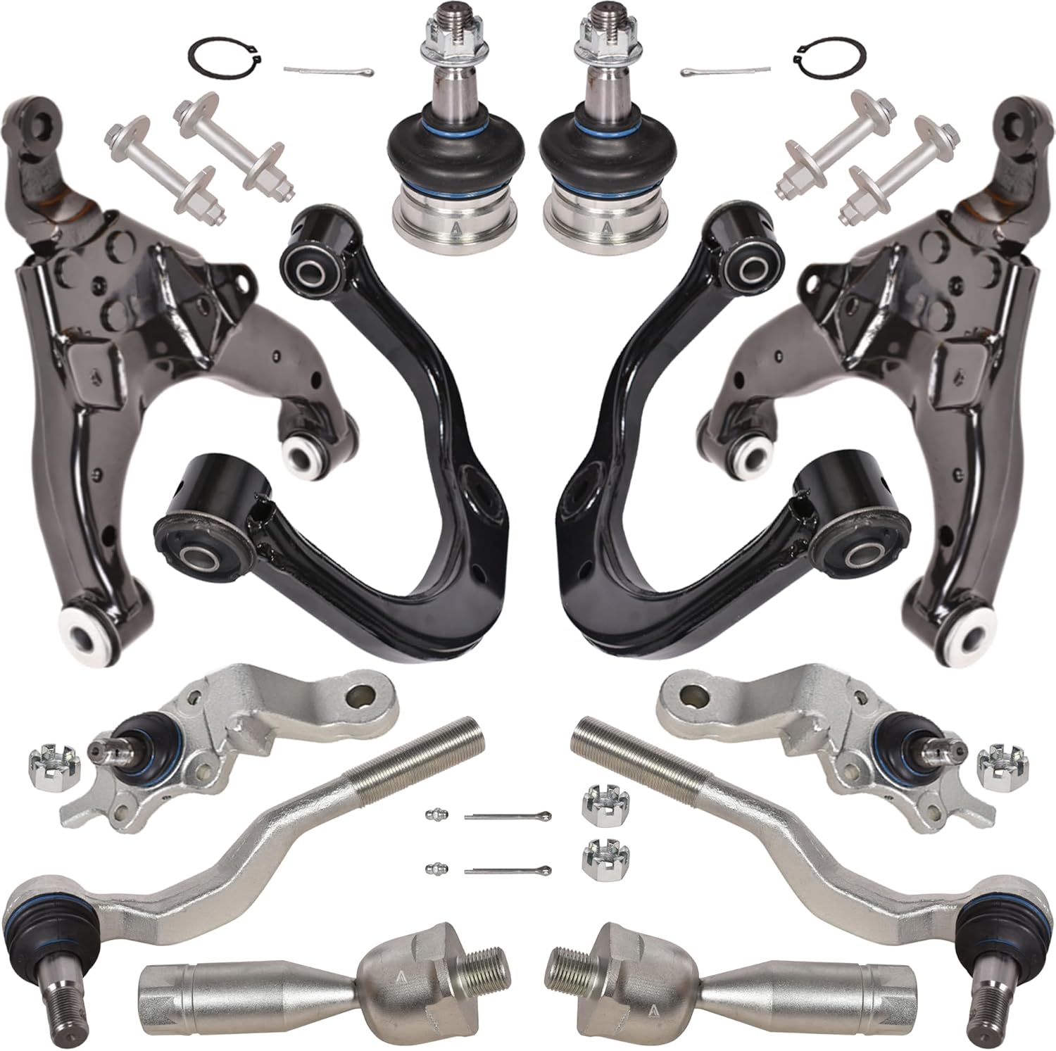 Front Suspension Kit 14 Pcs - Front Upper, Lower Control Arms with Bushings Pre-Fitted, Ball Joints, Inner Outer Tie Rods & Camber Bolt Kit for Tacoma 4WD 1995-2004, Pre-Runner 2WD 1998-2004
