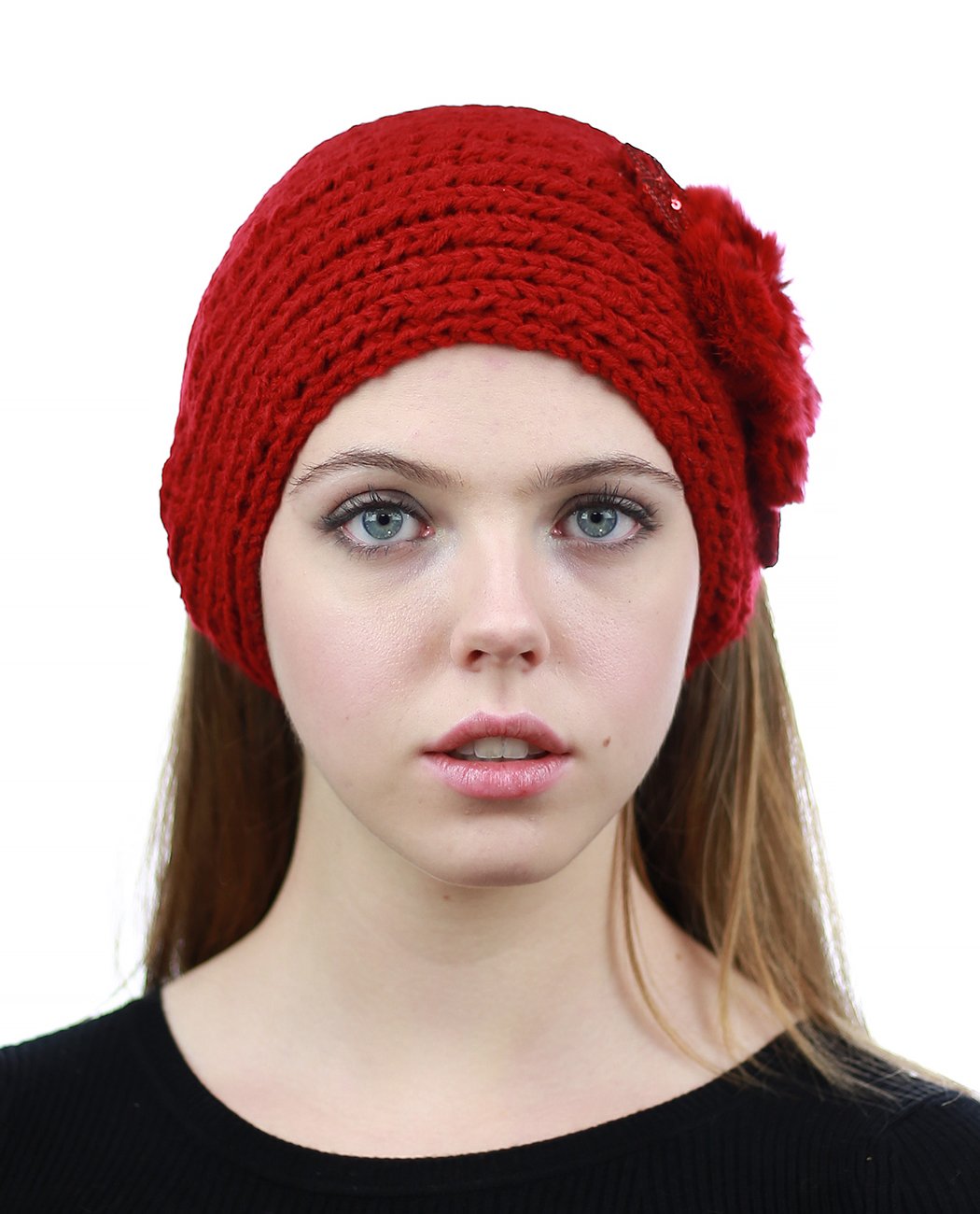 NYFASHION101 Hand Knitted Soft Furry Flower Winter Headband Headwrap, Red