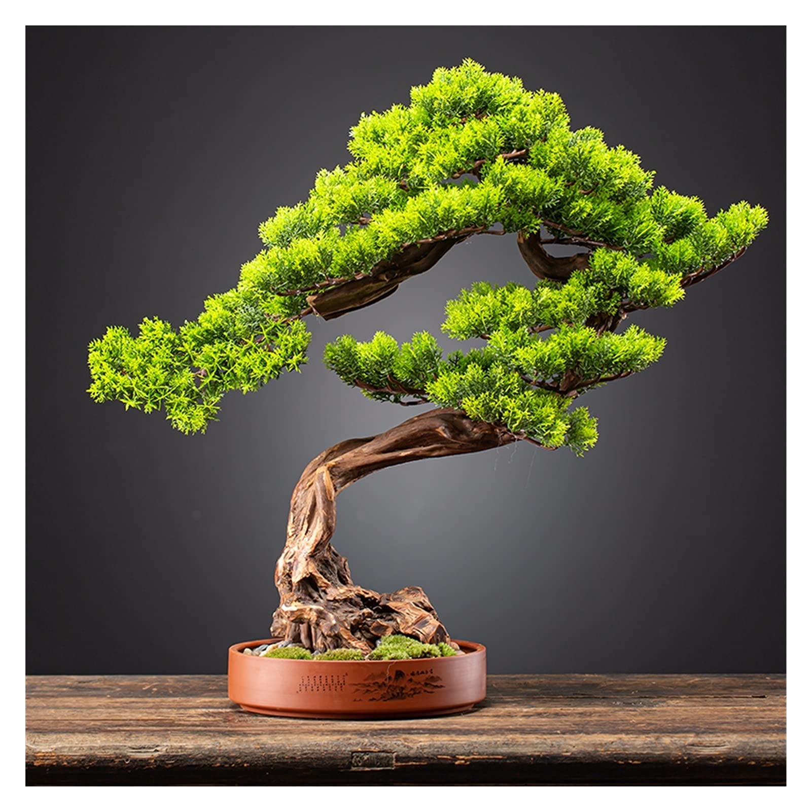 NGDFGR Handmade Welcome Pine Cliff Cypress Simulation Bonsai Living Room Hotel Entrance Decoration Ornaments Purple Sand Flower Pot Potted Plants Fake Plant,A