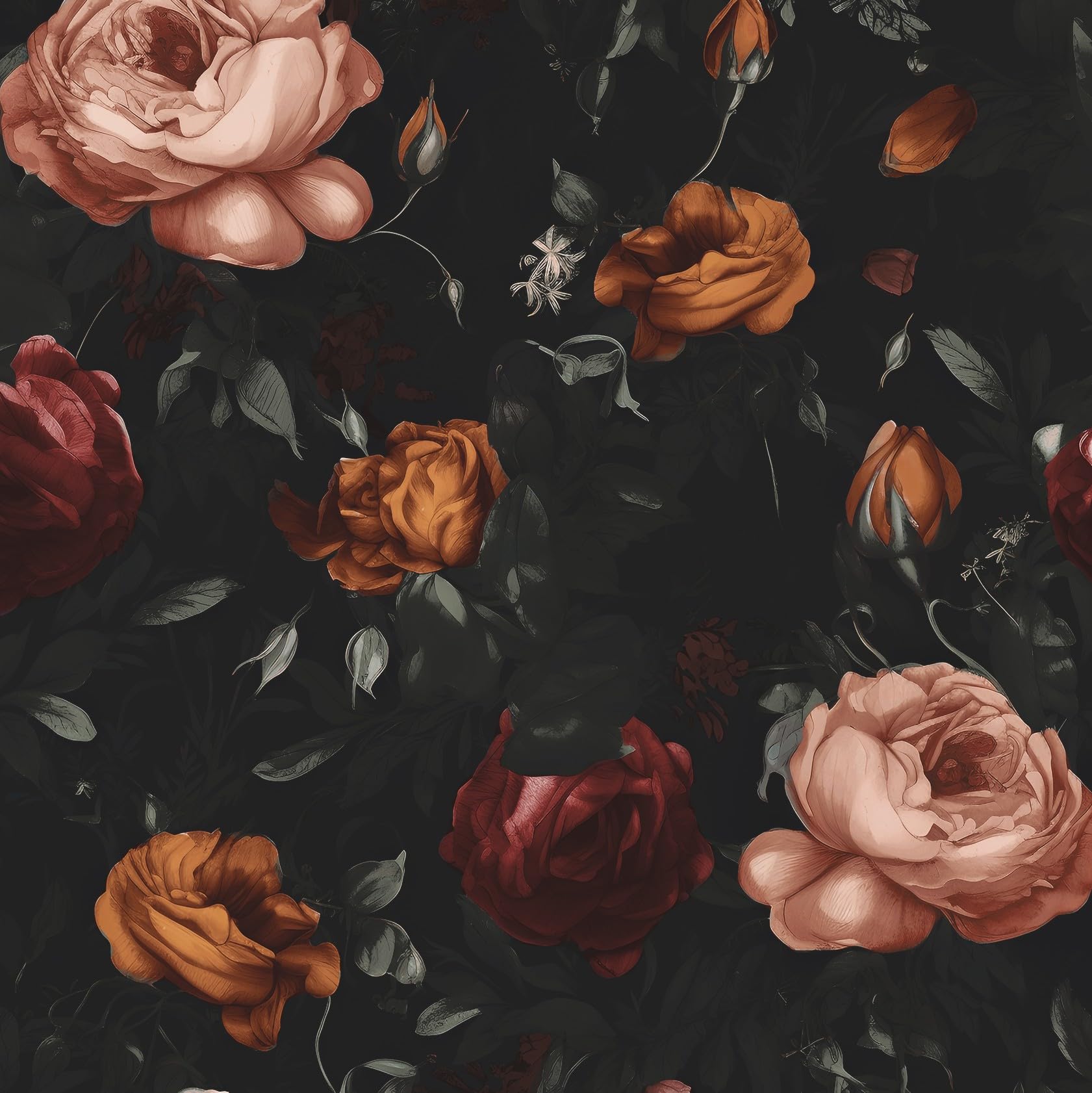 Dark Floral Wallpaper Peel and Stick, Black Vintage Orange/Pink Rose Contact Paper, Waterproof Self Adhesive Flower Boho Wall Paper for Bedroom Bathroom Walls Bookcase Shelf Table Drawer 17.5 x 118in