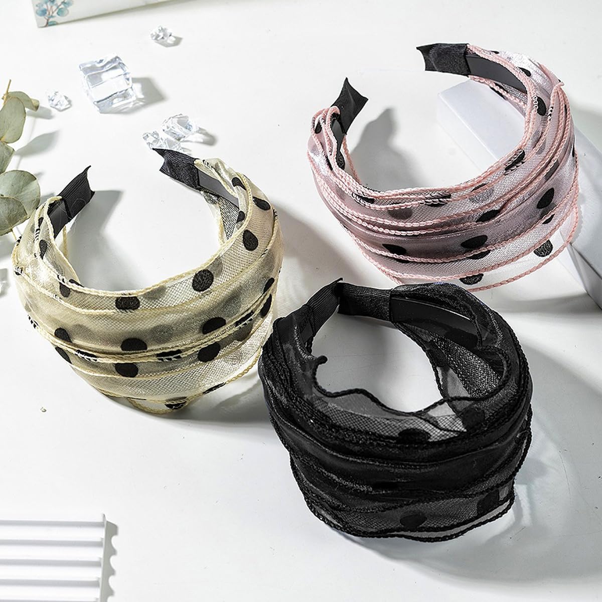 3 diademas grandes y anchas para mujeres y niñas, diadema de encaje con lunares, elegantes diademas elásticas con dientes, accesorios de moda para la cabeza, colores mezclados