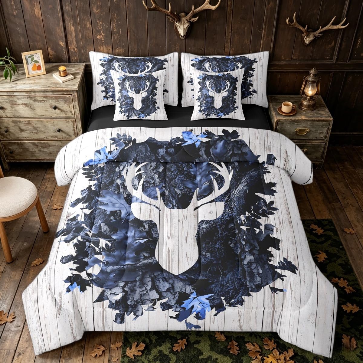 Erosebridal White Blue Antlers Deer Kids Comforter Set Queen Size 7 Pieces