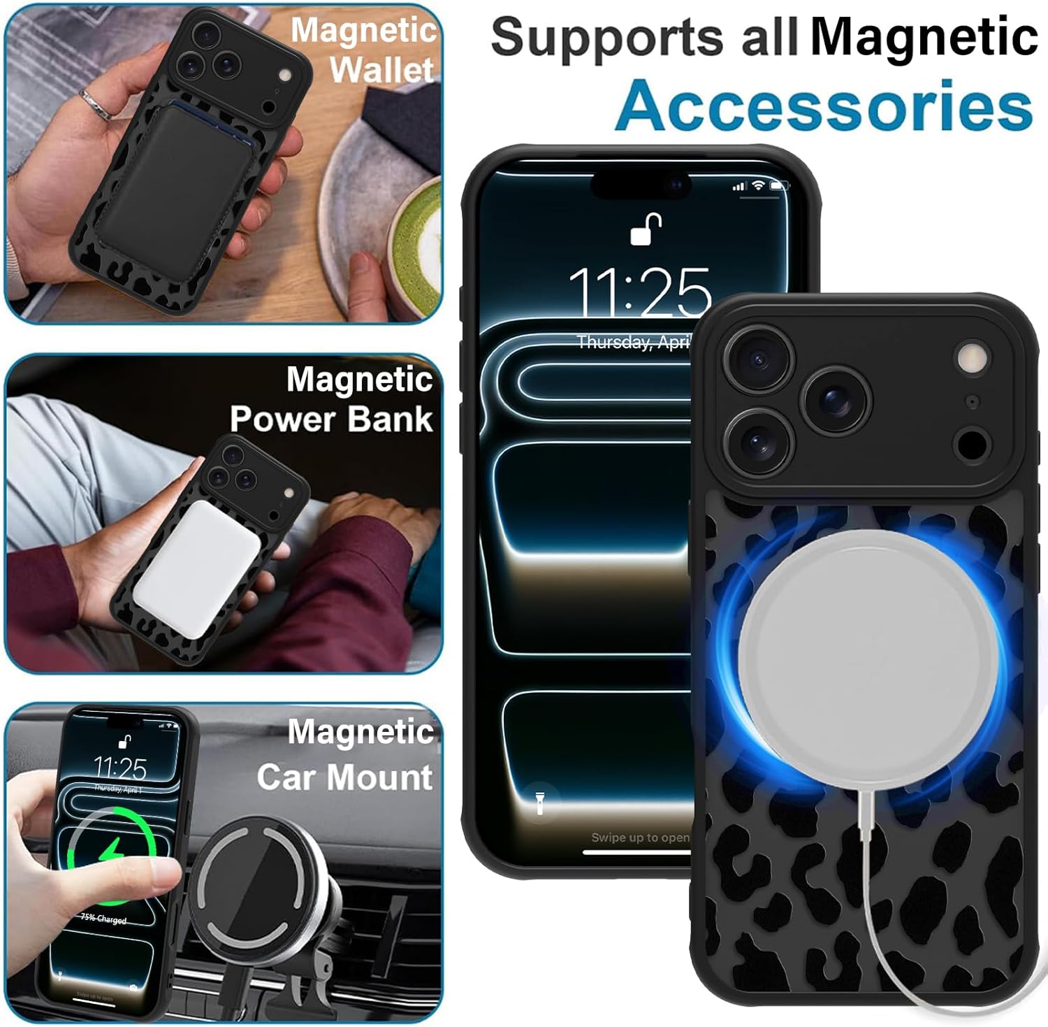 MZELQ Magnetic Case for iPhone 17 Pro 6.3 Inch, Clear Leopard Cheetah [Compatible with Magsafe Charging] Translucent Matte Hard Shockproof Camera Protection Cover for Women Men, Frosted Black