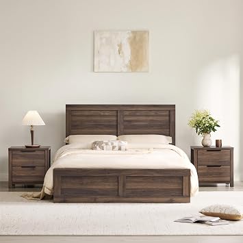 KISLOT 3-Piece Bedroom Set, Bed Frame & 2 Nightstands, Walnut, Queen