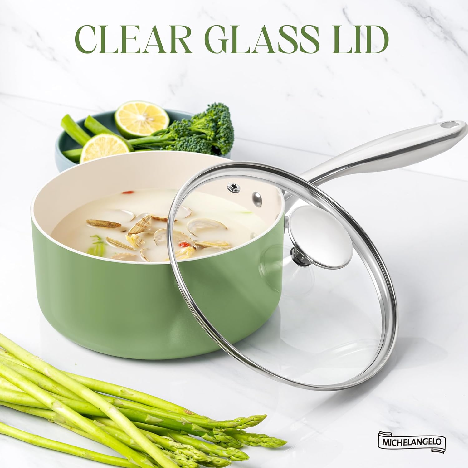 MICHELANGELO 3 Quart Saucepan with Lid - Non Toxic Sauce Pan with Nonstick Ceramic Coating, Scratch-Resistant, Induction Saucepan Suitable for All Stovetops, Green - Image 7