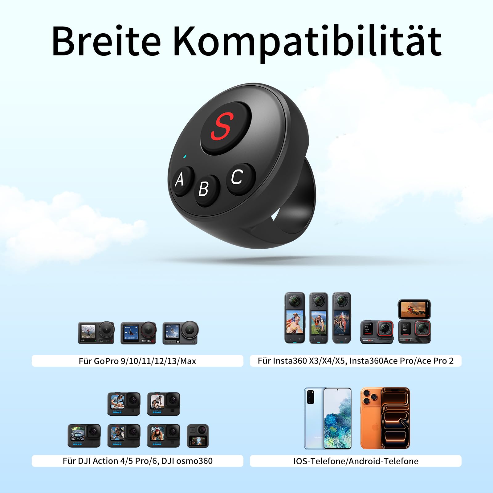 Ring Fernbedienung für Insta360/GoPro/DJI, Wireless Smart Ringfernbedienung für Insta360 X3/X4/X5, Action 4/5, GoPro 9/10/11, Tragbare, Wiederaufladbare Action-Kamera-Fernbedienung