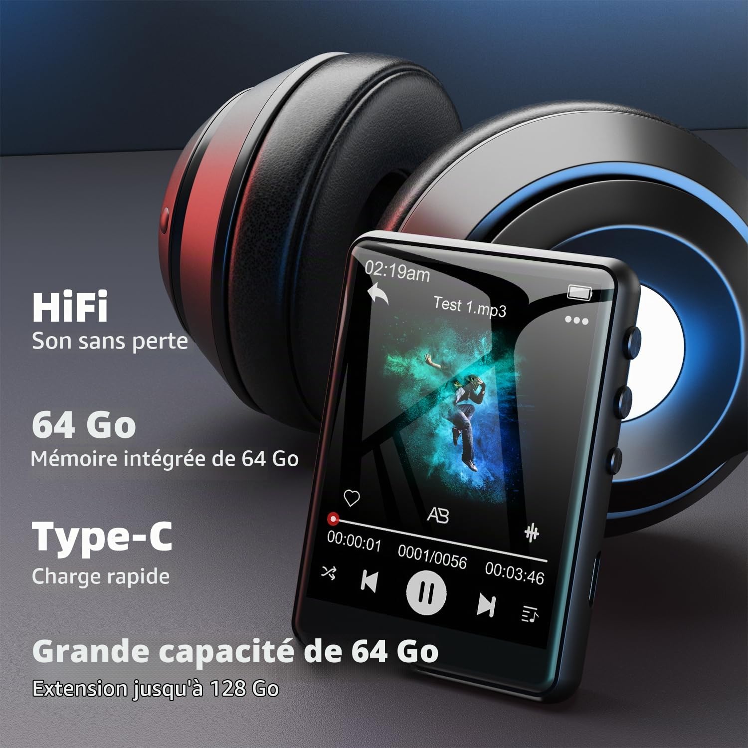 64Go Lecteur MP3 Bluetooth 5.3, 2,4" Tactile Portable MP3 Lecteur Musique, HiFi Baladeur Mp3 avec Hautparleur Vidéo/Enregistrement Vocal Radio FM Ebook Extensible 128Go(Espace Noir)