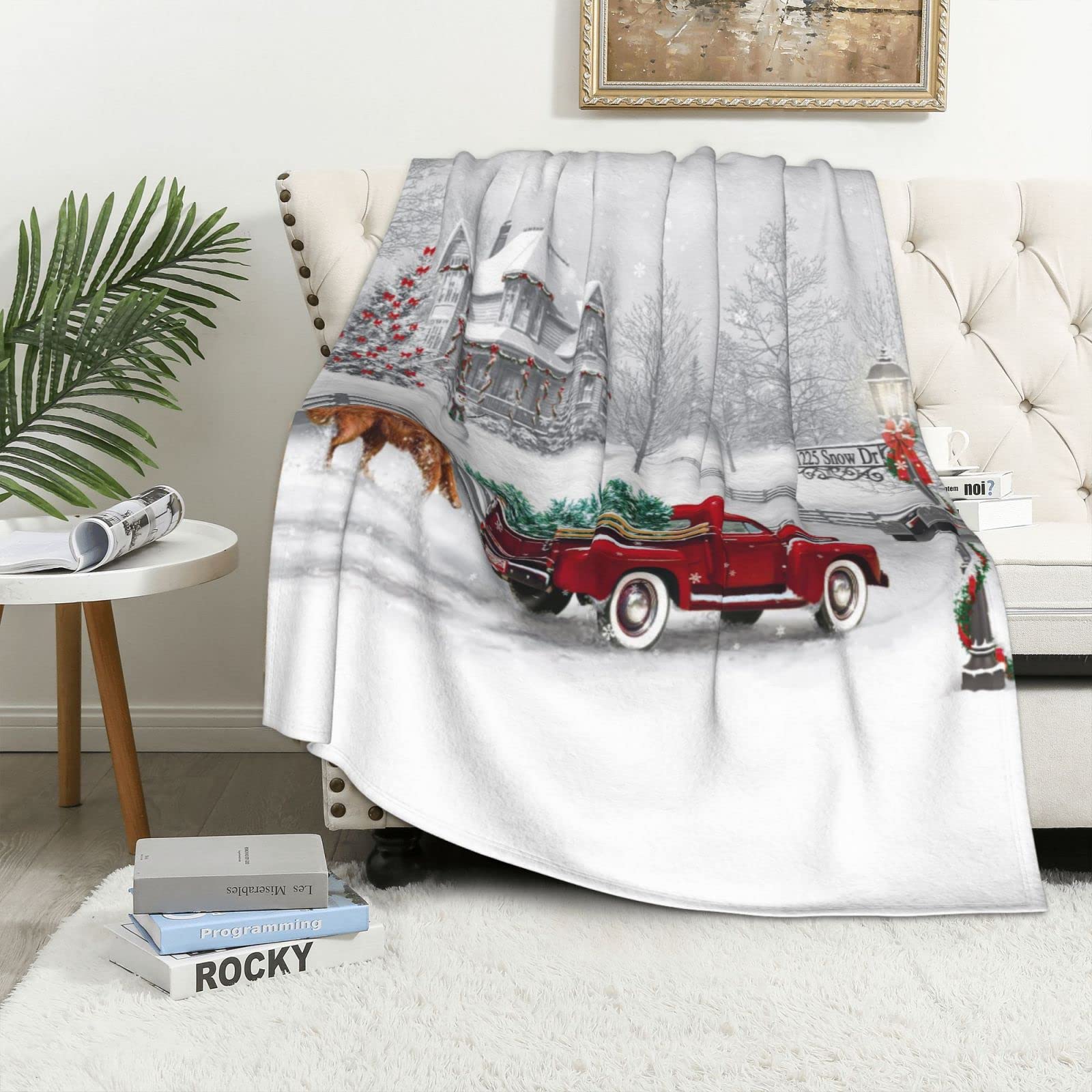 JOOCAR Christmas Throw Blanket Winter Holiday Snow Red Truck and Dog Fannel Blanket Soft Plush Warm Throw Blanket for Bed Couch Living Room Sofa Chair(White - Image 3