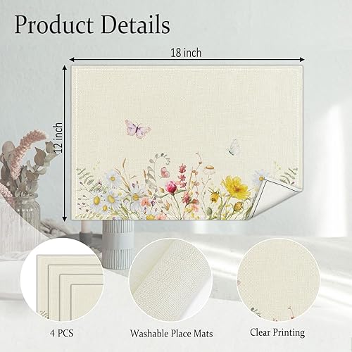 Miniatura 2 de Juego de 4 manteles individuales con diseño de flores silvestres, manteles individuales florales para la cocina del hogar, restaurantes, lino al