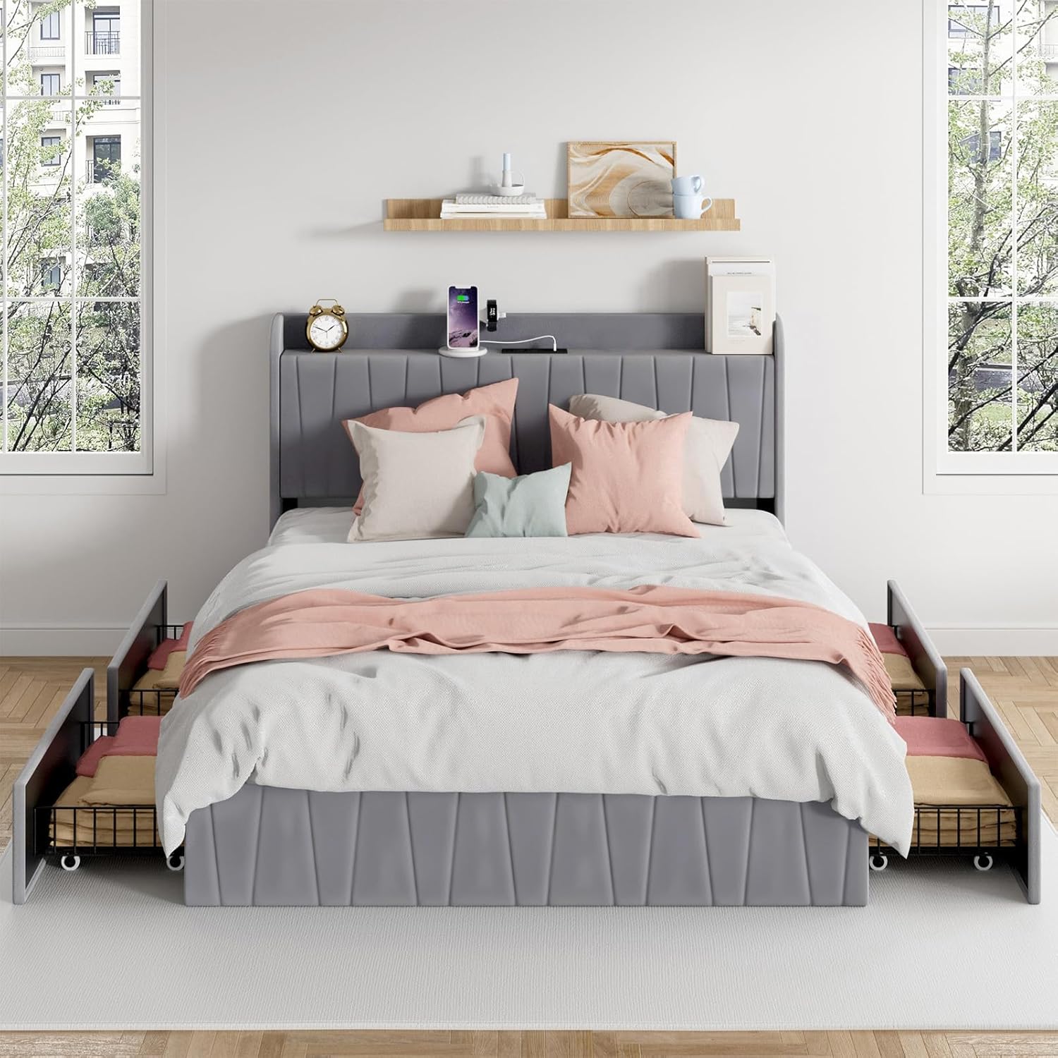Queen Size Bed Frame with 4 Storage Drawers and Velvet Upholstered Headboard & Charging Station and USB Ports, Upholstered Platform Bed Frame, No Box Spring Needed (Grey, Queen)