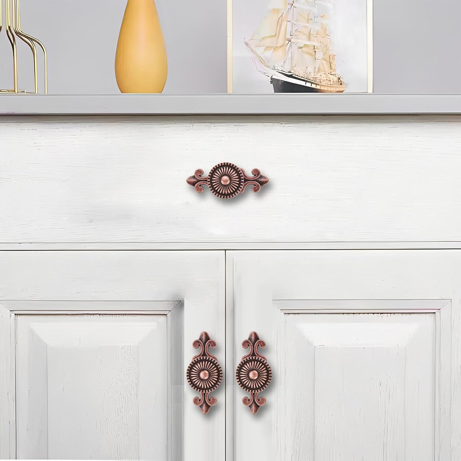 khtumeware 4 Pack Antique Copper Cabinet knobs Solid Heavy-Duty Mushroom Drawer Knobs with Backplate Door Drawer Handles for Dresser Drawers Bi-Fold Door Knob
