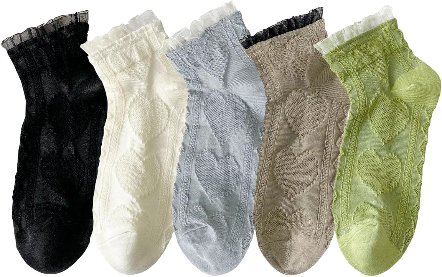 zrylibya Women Ruffle Frilly Lace Trim Ankle Socks Heart Pattern Textured Casual Cute Low Cut Socks 5 Pairs