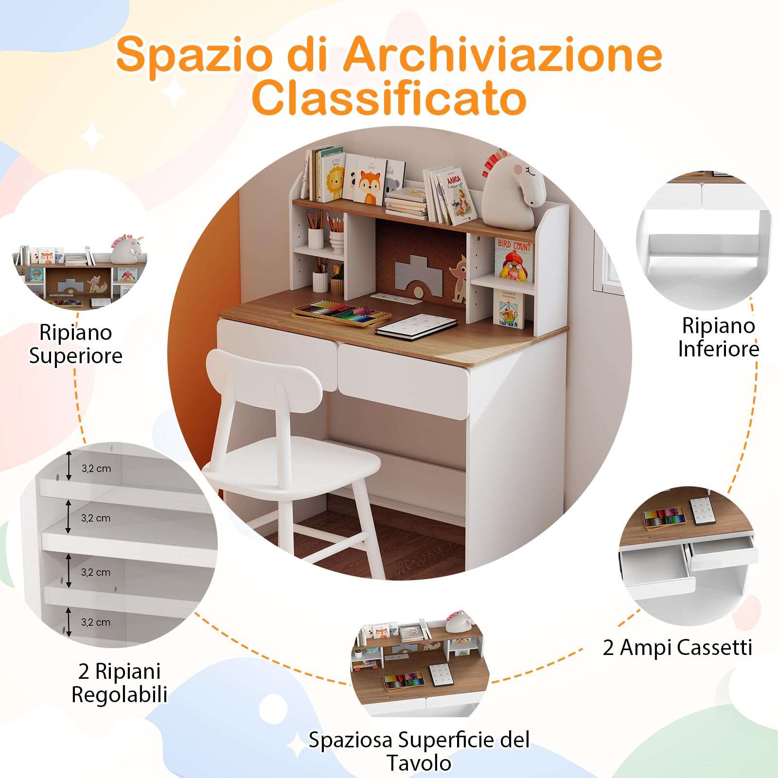 RELAX4LIFE Scrivania per Bambini, Scrivania con 2 Ripiani, Ripiani Regolabili, Pannello in Sughero e 2 Cassetti, Tavolo per Bambini con Stazione di Ricarica da 8-12 Anni