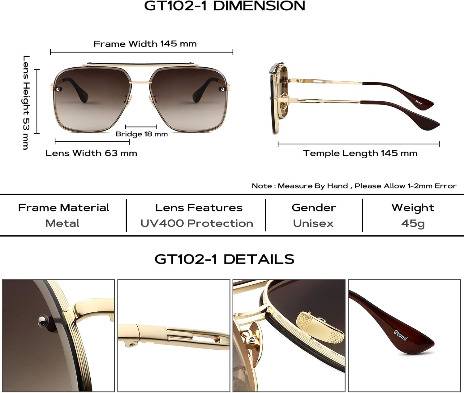 Gtand Fashion Oversized Square Aviator Gradient Sunglasses For Men Women Vintage Metal Sun Glasses 63mm - Image 5