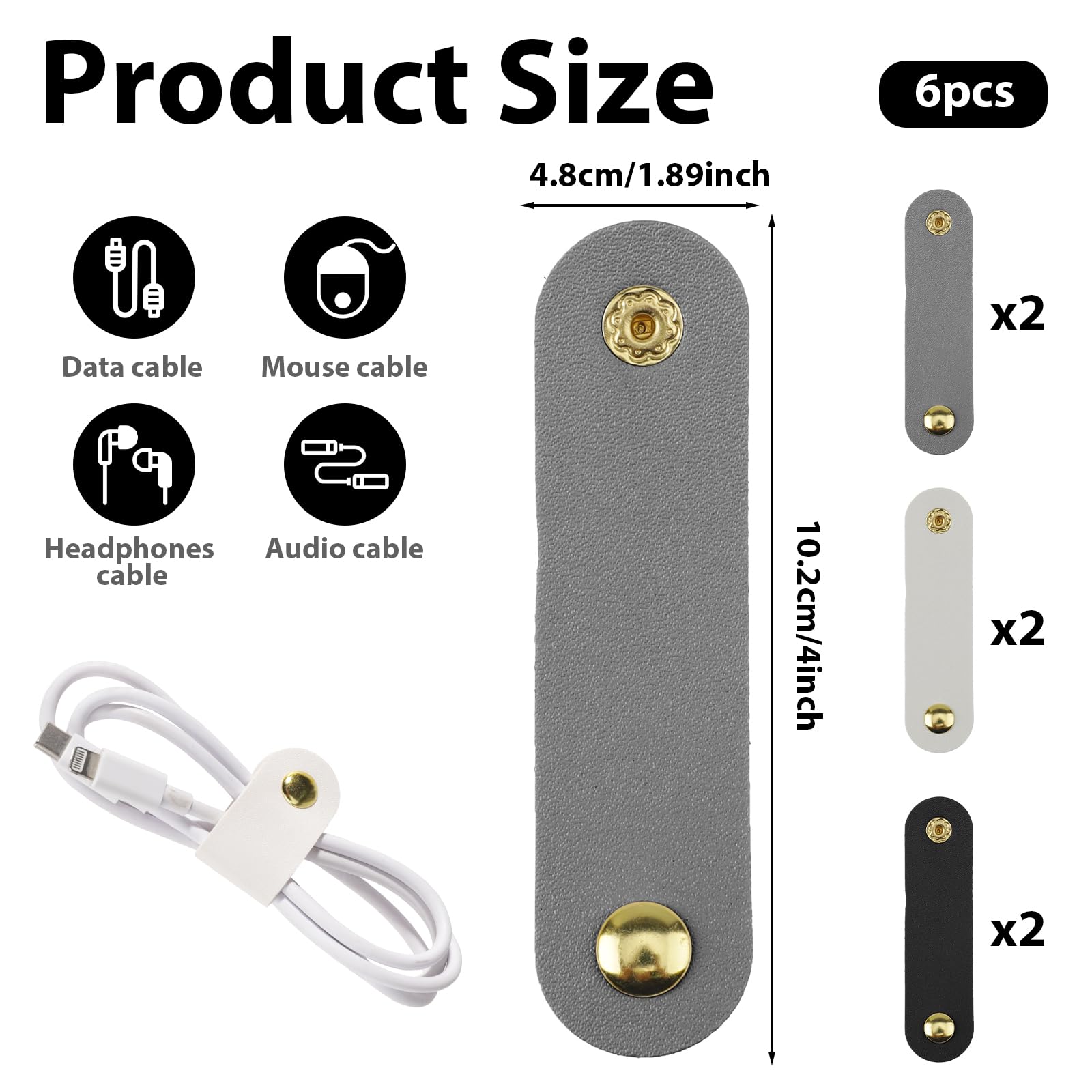 6Pcs Leather Cable Straps Travel Leather Cord Organizer Reusable Snap in Cord Organizer Leather Cable Ties Phone Charging Cord Power Cord Headphone PU Leather Organizer USB Multipurpose Cord Holder