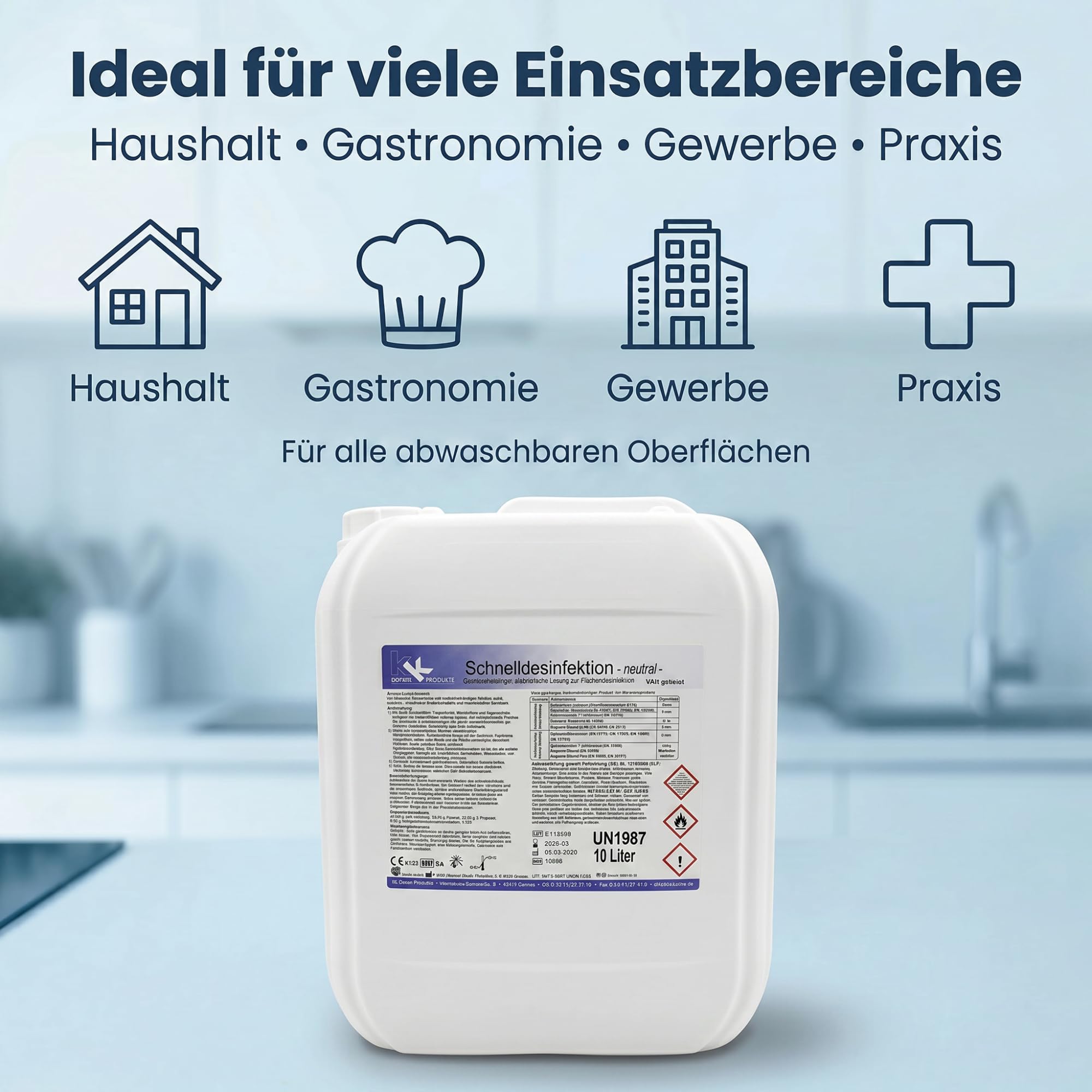 KK Schnelldesinfektion Duft Neutral – Hochwirksames Desinfektionsmittel 10 Liter für Flächen & Oberflächen – Wirksam gegen Bakterien, Viren & Pilze – Ideal für Haushalt, Praxis & Gewerbe
