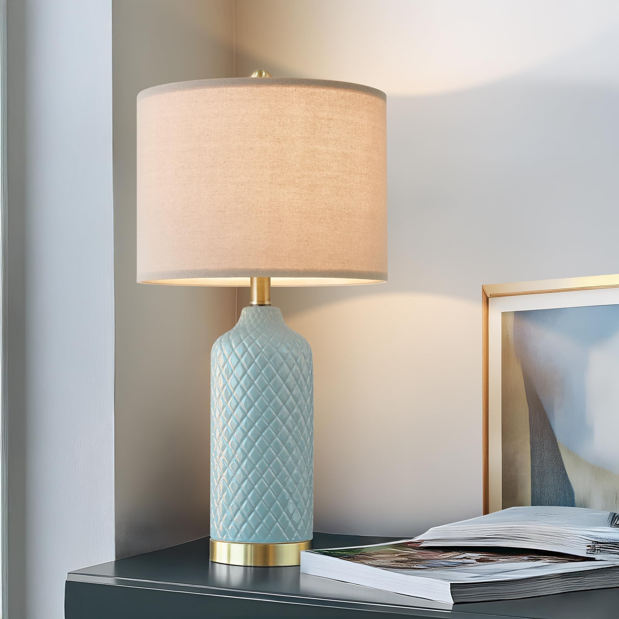 24.25" Modern Ceramic Blue Lamps for Living Room & Bedside, Farmhouse & Boho Style, Coastal & End Table Lamps