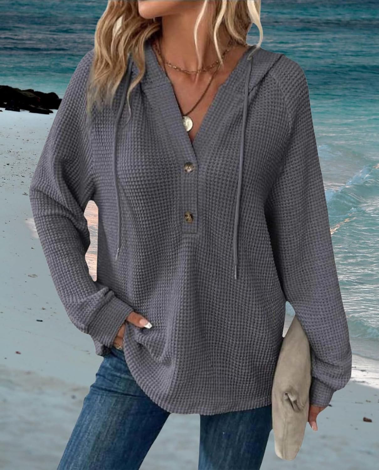 Waffle Hooded Sweatshirt Women Drawstring Long Sleeve Button Up V Neck Casual Pullover Knit Sweatshirt Tops - Image 3