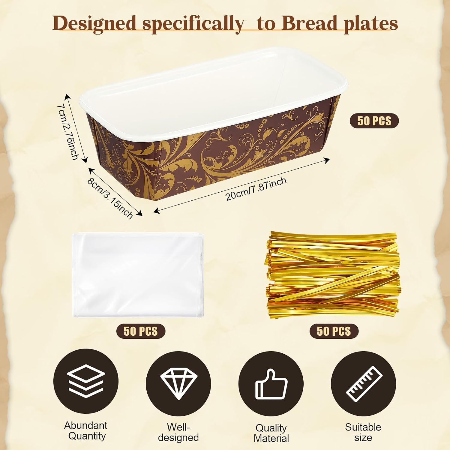 50 Sets Paper Loaf Pans for Baking 7.87 x 3.15 x 2.76 Inch Disposable Bread Pans with Clear Plastic Bags and Ties Rectangle Paper Baking Molds for Cake, Bread, and Sweets