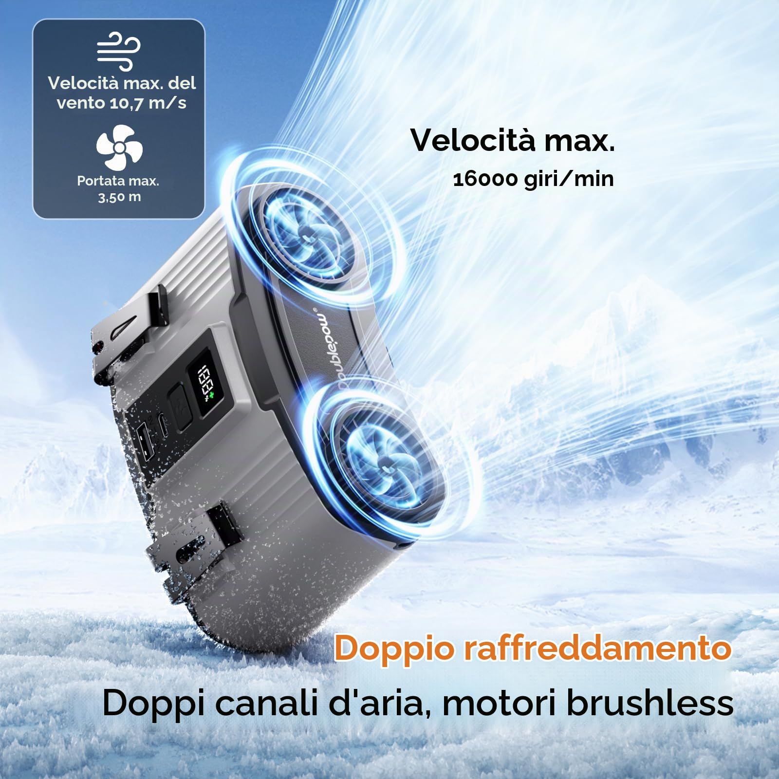 Ventilatore da cintura portatile da 24000 mAh, con clip, ricaricabile, doppio motore con doppio canale d'aria, 10 velocità, 45 ore di autonomia, per cantiere, lavoro all'aperto, viaggi, interruzione