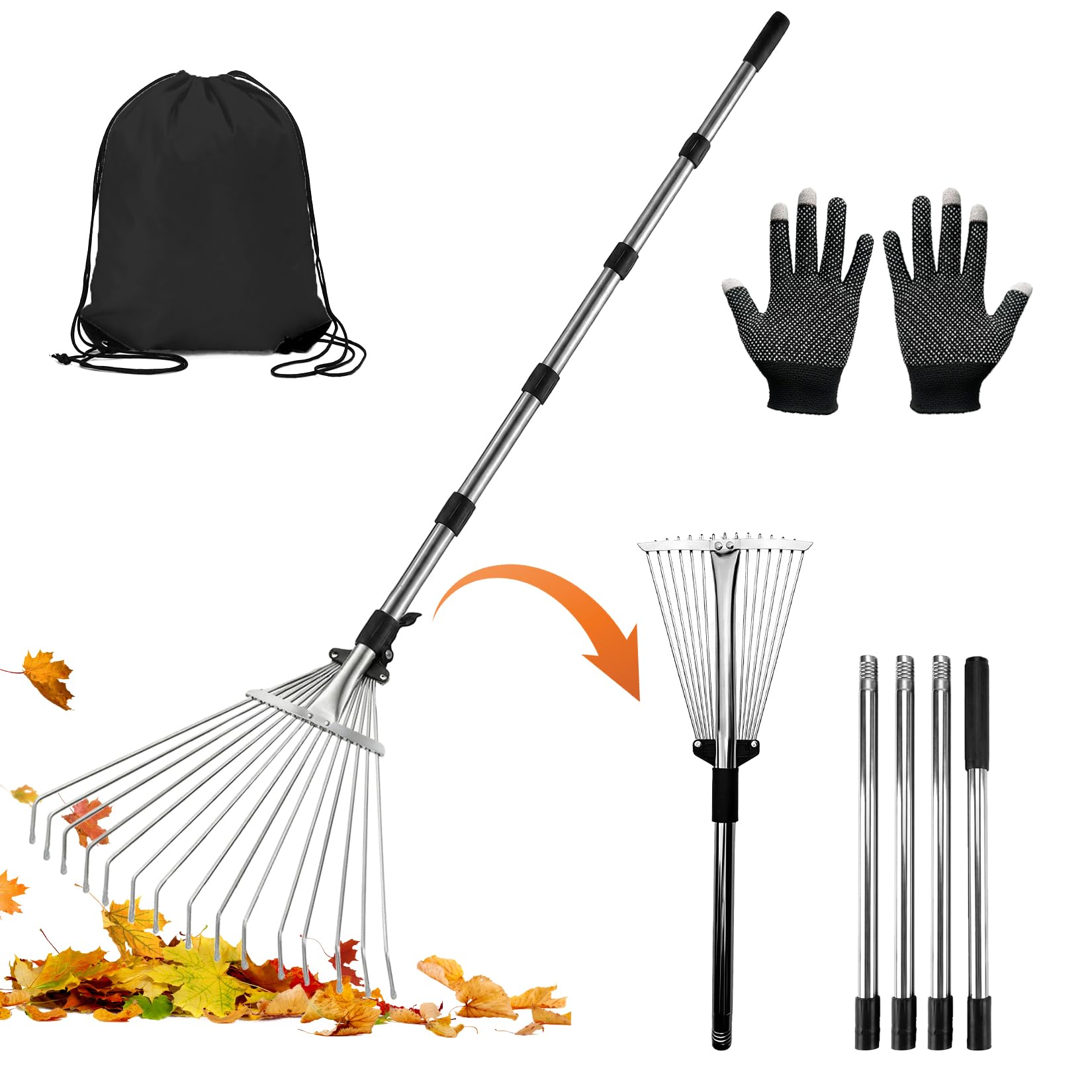 215 cm Rastrillo de hojas ajustable con 15 dientes, escoba de metal para jardín, con guantes y bolsa de almacenamiento, rastrillo de césped para limpiar plantas, césped y patio
