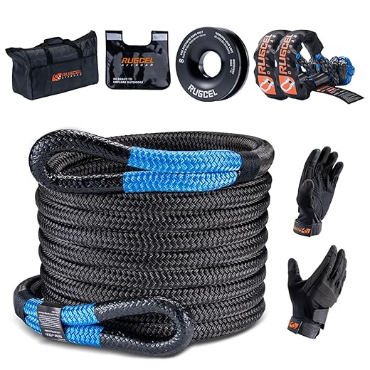Rugcel kinetic recovery rope kit (30,360 lbs) heavy-duty gloves, soft shackle, snatch block, suitable for atv, utv trucks,car (kinetic recovery rope kit)