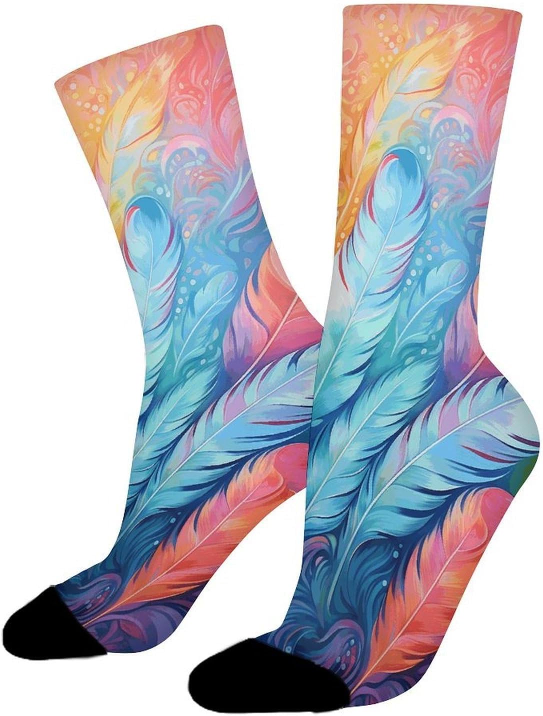Breathable Sports Socks, Moisture Wicking, Lightweight Crew Socks | Hand Drawn Feathers Athletic Calf Socks for Women Men, Casual, Anti-Slip, Multifunctional Work Socks