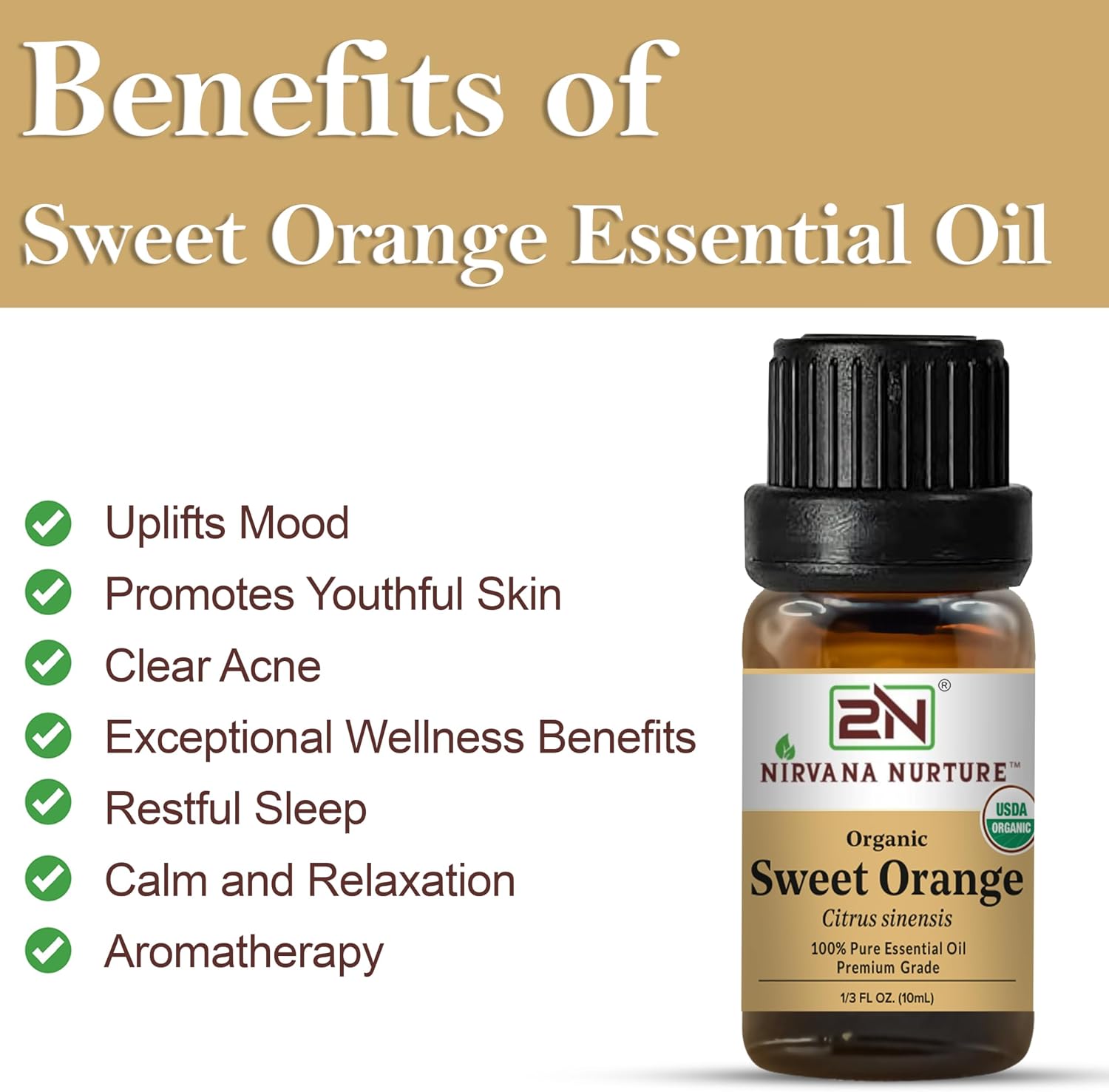 Sweet Orange Essential Oil, USDA Certified Organic, 100% Pure Undiluted, Aromatherapy Oil for Diffuser, Hair & Skin Care