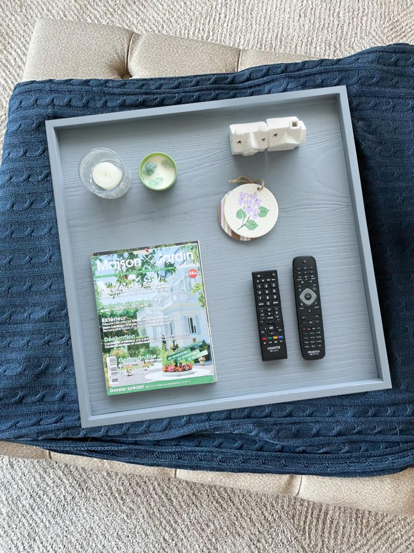 Square Ottoman Table Tray 24" - Rustic Wooden Serving Tray for Farmhouse Decorative Oversized Coffee Table Trays Living Room Kitchen Counter Breakfast Grey