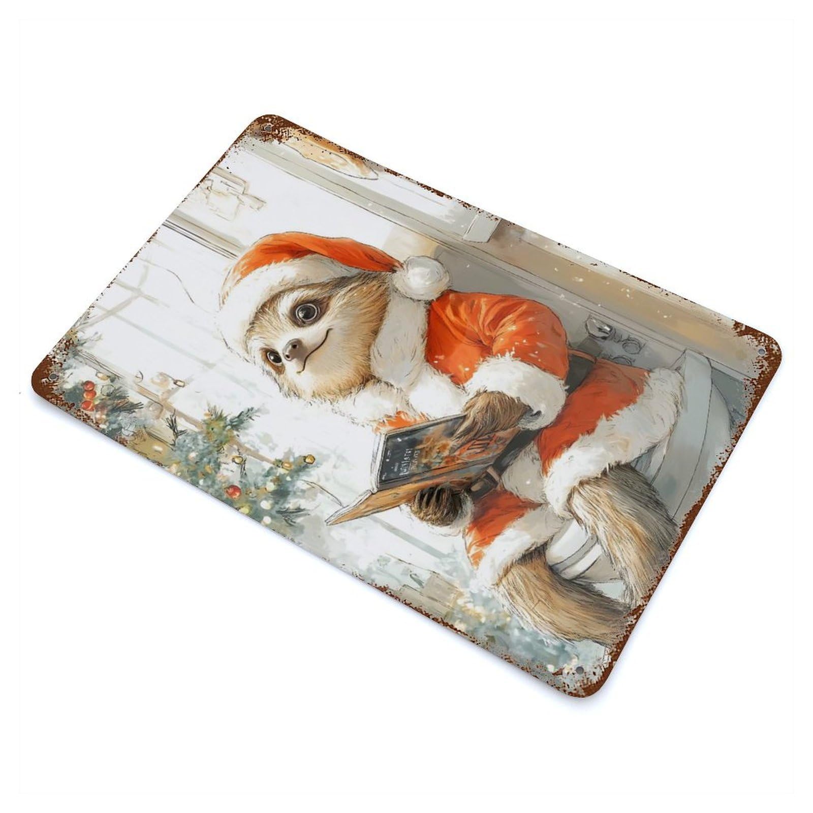Sloth Santa Reading Retro Metal Sign 11.8"x7.9", Vintage Wall Decor for Garage, Pub Or Kitchen