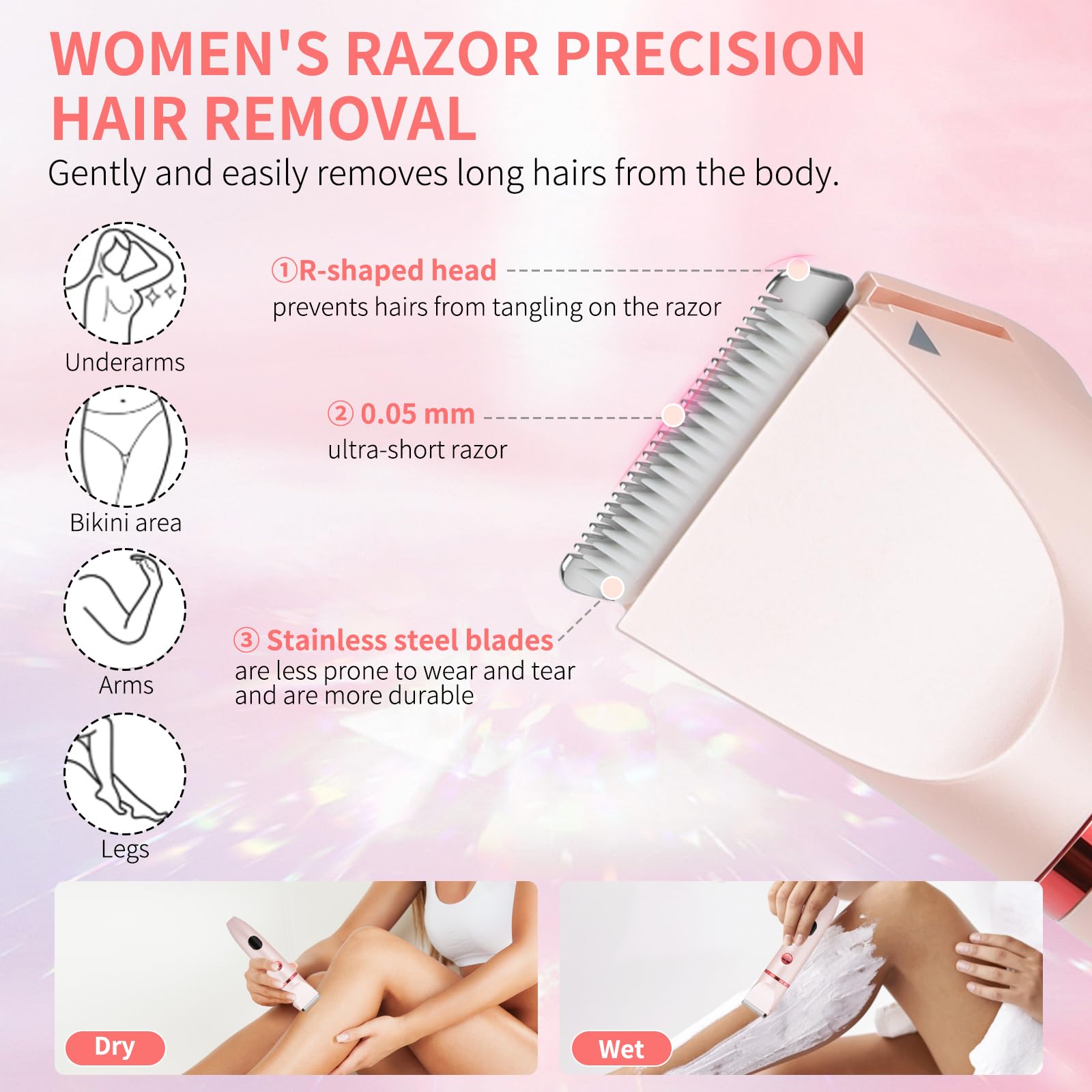 Cozary Rasoio Elettrico Donna,3 In 1 Depilatore Corpo,Rasoio Elettrico Impermeabile,Rasoio Intimo a Secco e Bagnato,Rasoio Parti Intime Donna per Viso, Corpo, Soprocciglia e Inguine