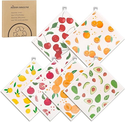 Paquete de 6 paños de cocina suecos para cocina, toallas de papel reutilizables suecos con clips, paño absorbente sin olor para limpiar la cocina