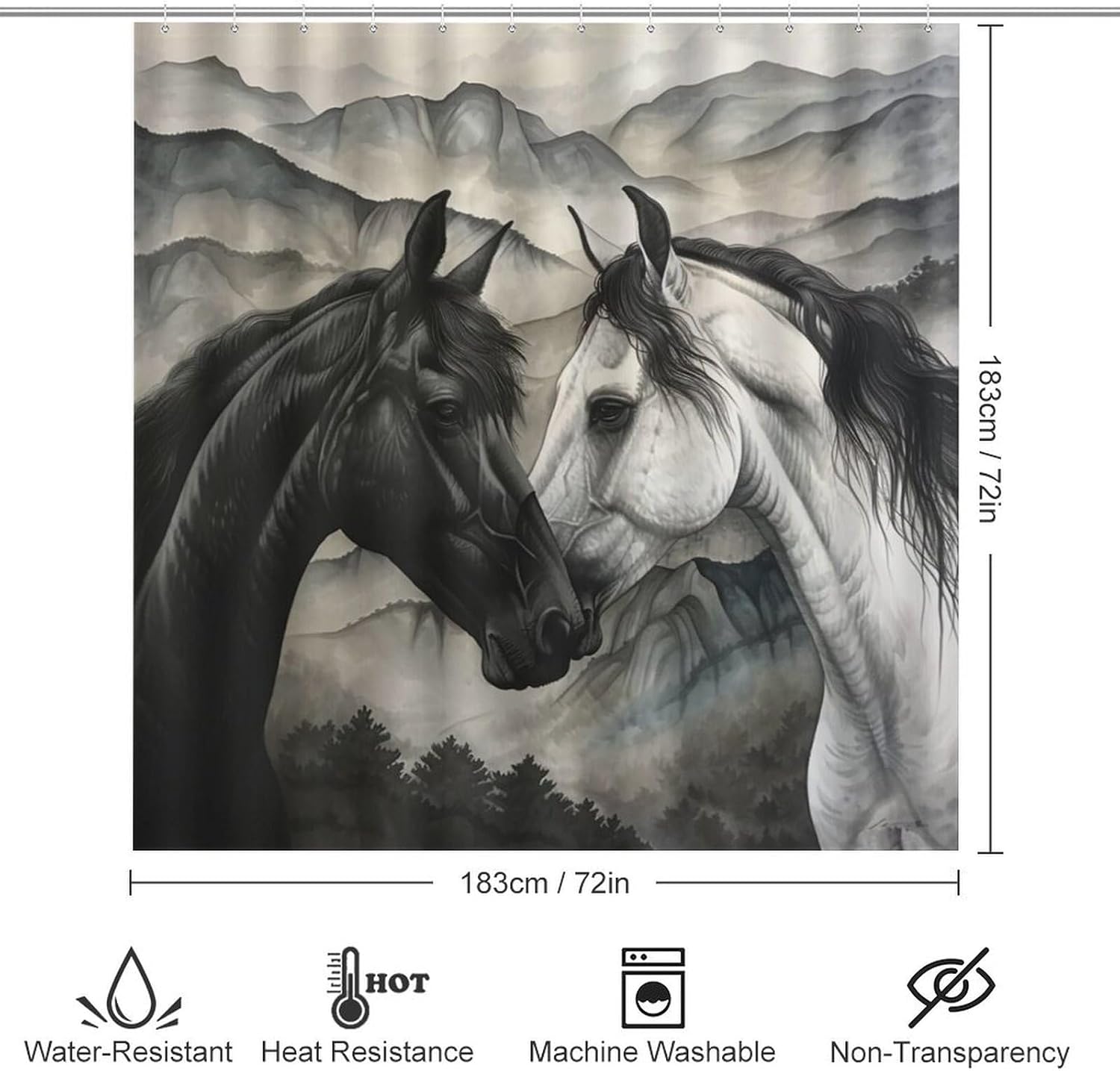 4Pcs Classic Mountain Horse Shower Curtain Set with Toilet Lid Cover Non-Slip Rugs for Bathroom, Black White Animal Tree Shower Curtain Bathroom Sets with Hooks, 72x72 Inch
