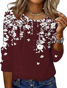 Zeagoo 3/4 Length Sleeve Womens Tops Round Neck Casual Summer Tunic Tops Basic Tees Blouses Dressy T-Shirts Pleated Shirts