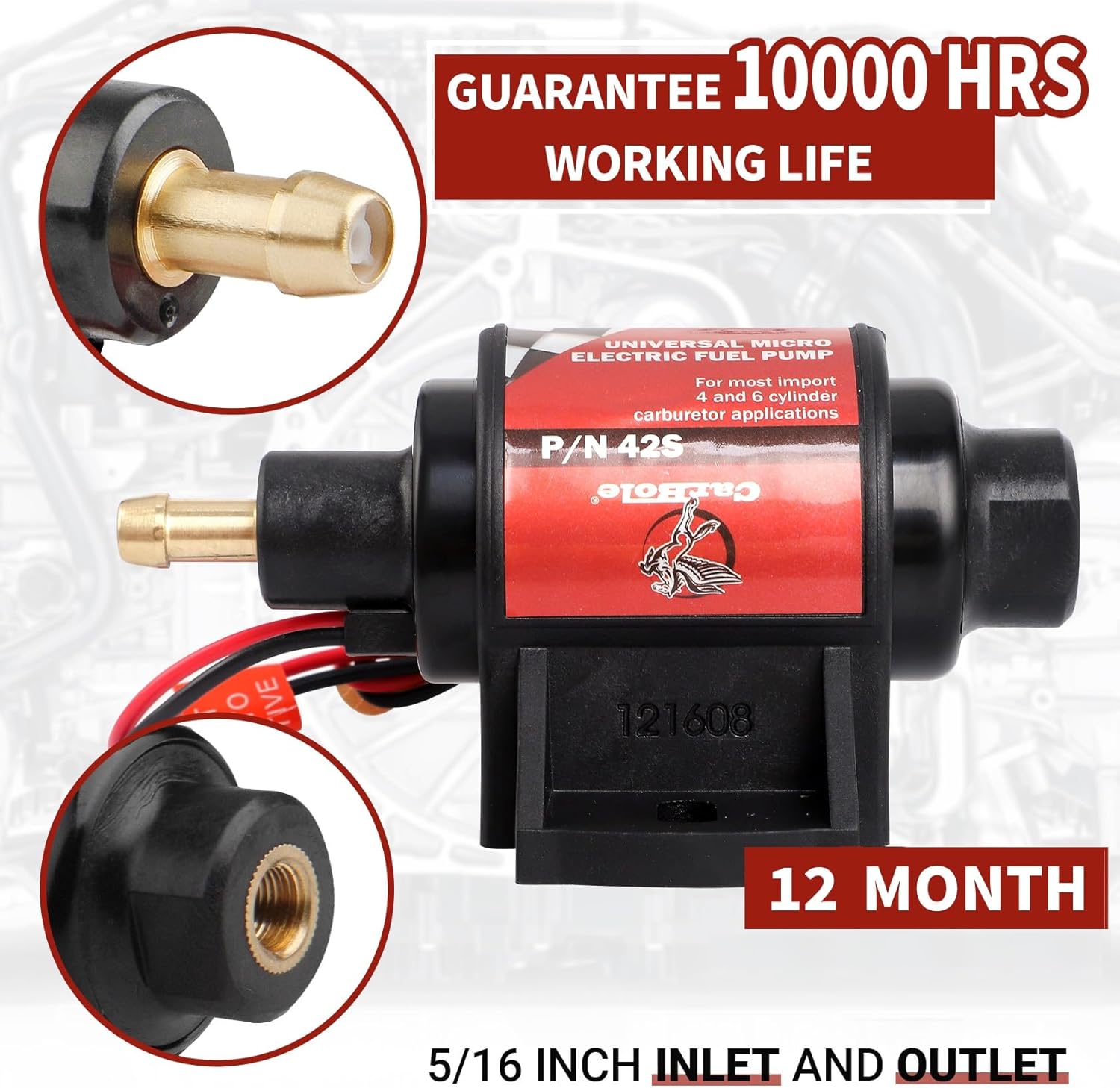 CarBole Gasoline Electric Fuel Pump Universal 5/16 Inch Inlet and Outlet Inline 12V 1-2A 28GPH 2-3.5P.S.I. Operating Fuel Pressure