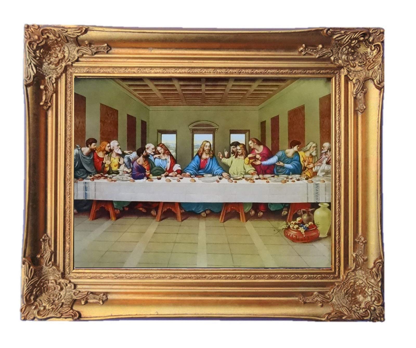 Das Abendmahl Jesus apostel Bild mit Barock Rahmen in Gold Wandbild von Leonardo da Vinci 55x45 cm Kunstdrucke Gemälde Retro Repro Antik für Home Büro Praxis Café Wohnzimmer Cenacolo TheLast Supper