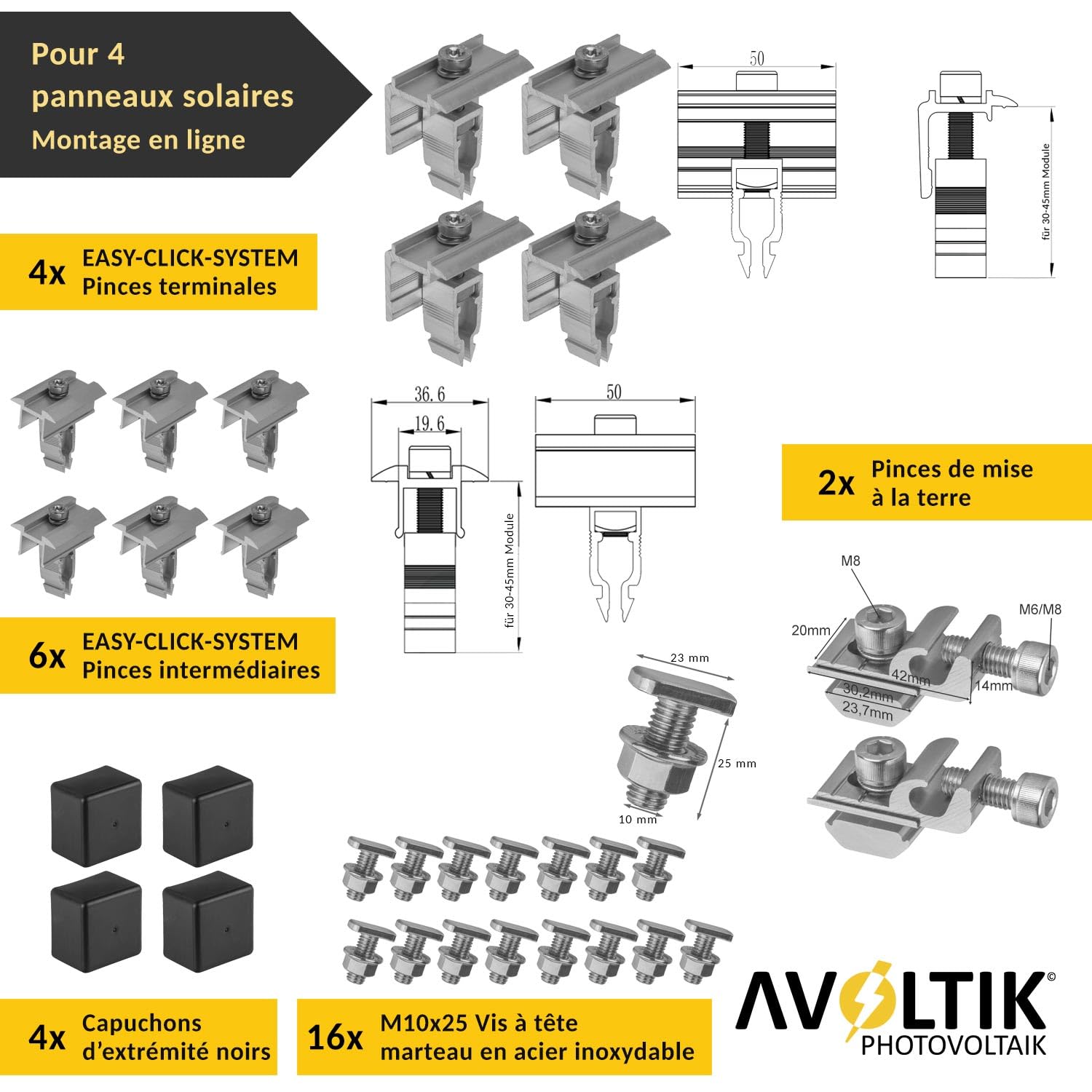 Support solaire pour toit en tuiles | Kit de montage pour 4 panneaux I Lot de crochets de toit en acier inoxydable 3 fois fixés. Pinces de rail de montage en aluminium