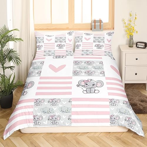 Miniatura 3 de Lindo juego de ropa de cama de elefante, juego de funda de edredón a rayas rosas y blancas para decoración de habitación de adolescentes y mujeres,